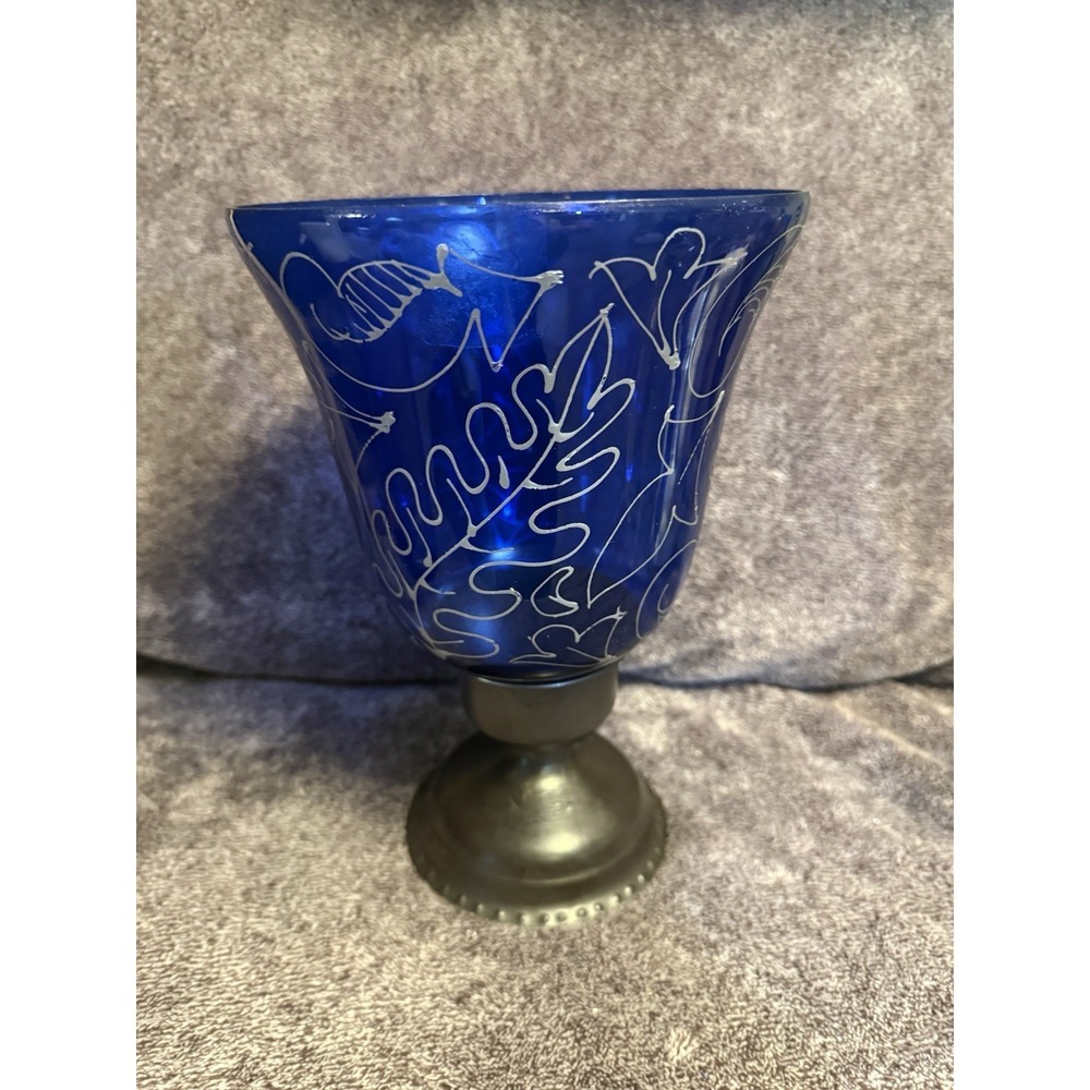 Mid-Century Cobalt Blue Glass Hurricane Goblet Candle Holder‎ Silver Metal Base